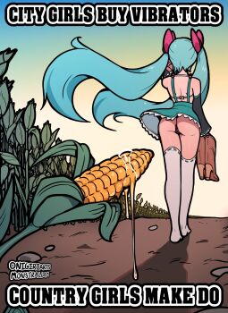 1girl absurdres ass black_panties blue_hair blue_skirt blue_sky boots bow clear_sky commentary corn corn_cob country_girls_make_do_(meme) detached_sleeves english_commentary english_text field from_behind full_body hair_bow hatsune_miku highres holding holding_boots holding_footwear holding_unworn_clothes implied_after_masturbation long_hair meme onigiriarts outdoors panties pink_bow ribbon-trimmed_thighhighs ribbon_trim skirt sky solo suspender_skirt suspenders thighhighs twintails underwear unworn_boots very_long_hair vocaloid white_thighhighs