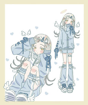 1girl belt blonde_hair blue_leg_warmers blue_ribbon blue_shorts blush border bouryoku_hantai colored_eyelashes commentary_request covering_own_mouth detached_wings earrings flipped_hair frilled_shirt_collar frills full_body gakuen_idolmaster gradient_hair grey_hair hair_ornament hairclip hands_on_own_head heart highres idolmaster jacket jewelry knees_up leg_belt leg_warmers long_hair looking_at_viewer looking_to_the_side multicolored_hair multiple_views orange_eyes parted_bangs parted_lips ribbon ribbon-trimmed_sleeves ribbon_trim shoes shorts sitting sleeves_past_wrists sneakers standing striped_clothes striped_jacket striped_shorts stud_earrings tenshi_kaiwai track_jacket white_background white_belt white_shoes white_wings wing_hair_ornament wings yellow_border zipper zipper_pull_tab