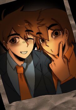 2boys alternate_costume alternate_eye_color antenna_hair black_suit blue_necktie blue_shirt blush brothers brown_eyes brown_hair closed_mouth collared_shirt dark-skinned_male dark_skin double-parted_bangs formal_clothes grin hair_between_eyes hero_(faraway)_(omori) hero_(omori) highres kel_(faraway)_(omori) kel_(omori) long_sleeves looking_at_viewer lyuz_(justtoseemeplea) male_focus multiple_boys necktie omori one_eye_closed open_mouth orange_necktie orange_shirt photo_(object) puckered_lips shirt short_hair siblings smile suit v