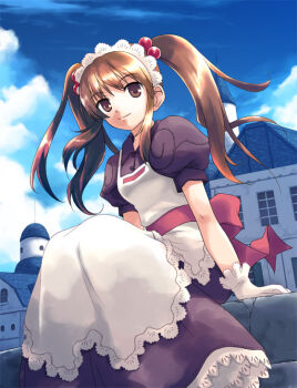 apron bad_id bad_pixiv_id brown_eyes brown_hair cloud day gloves hair_bobbles hair_ornament hairband kafra_uniform long_hair maid maid_apron ragnarok_online sitting sky solo twintails yakka