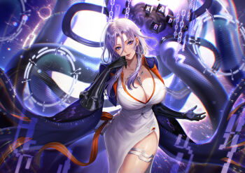 Rule 34 | 1girl, absurdres, binary, black gloves, black jacket, breasts, cleavage, commentary request, cowboy shot, earrings, gloves, hair between eyes, hand up, highres, hoop earrings, jacket, jewelry, large breasts, long hair, parted lips, purple background, purple eyes, purple hair, sasaki ryou, shirt, side slit, skirt, solo, white shirt, white skirt, wu (xinyue tongxing), xinyue tongxing