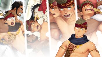 3boys anger_vein another_eidos-r armlet bara bare_pectorals beard bird_boy black_hair blonde_hair blue_scarf clenched_teeth commentary_request earrings facial_hair frown furry furry_male game_cg gold_armlet grin headband highres itto_(mentaiko) jewelry male_focus multiple_boys multiple_views muscular muscular_male mustache_stubble nipples open_mouth pectorals red_headband rook_(another_eidos-r) scar scar_on_arm scar_on_face scar_on_nose scar_on_shoulder scarf sinbad_(another_eidos) single_earring smile stubble sweat teeth thick_eyebrows veins veiny_arms yabsakha_(another_eidos) yellow_eyes