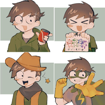 >_< 4boys :3 :d ;d aged_down animification antenna_hair black_eyes blush_stickers brown_hair brown_hat brown_neckerchief brown_vest cameo can cape child cola commentary_request cowboy cowboy_hat cowboy_western drawing_(object) drawstring drink_can edd_(eddsworld) eddsworld edward_gold_(eddsworld) eye_mask gloves green_cape green_hoodie green_shirt grey_shirt grin hair_behind_ear hat highres holding holding_can holding_drawing hood hood_down hoodie long_sleeves looking_at_viewer male_focus mask matt_(eddsworld) mettya_329 multiple_boys multiple_persona neckerchief official_alternate_costume one_eye_closed open_clothes open_mouth open_vest outstretched_hand print_shirt shirt short_hair short_sleeves simple_background single_blush_sticker smile star_(symbol) superhero_costume swept_bangs tom_(eddsworld) tord_(eddsworld) vest western yellow_gloves
