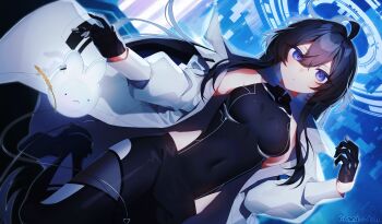1girl bare_shoulders black_bodysuit black_gloves black_hair blue_eyes bodysuit breasts clothing_cutout coat commentary coojisan gloves highres hip_vent indie_virtual_youtuber long_hair long_sleeves looking_at_viewer medium_breasts off_shoulder open_clothes open_coat seol_(teacuppity)_(vtuber) sleeveless sleeveless_bodysuit solo symbol-only_commentary virtual_youtuber white_coat