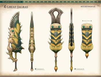 artist_name bone character_name reference_sheet chipped_sword concept_art emblem english_text gradient_background great_jagras greatsword highres monster_hunter:_world monster_hunter_(series) rope scales screw spikes sword uchi_vs_the_world weapon weapon_focus