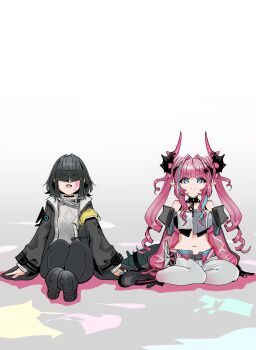 Rule 34 | 2girls, absurdres, arknights, arknights: endfield, bare shoulders, black coat, black hair, black pantyhose, black shoes, blue eyes, coat, commentary request, crop top, detached sleeves, dragon girl, dragon horns, drill hair, endministrator (arknights), eye mask, female endministrator (arknights), full body, gradient background, hair intakes, highres, horns, kantaro, long hair, mask, multicolored hair, multiple girls, navel, on ground, open clothes, open coat, pants, pantyhose, pointy ears, shoes, short hair, simple background, streaked hair, sweater, tight clothes, tight pants, twin drills, yvonne (arknights)
