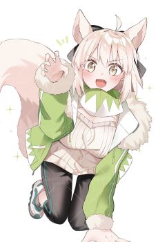 1girl ahoge animal_ears black_pants blonde_hair breasts brown_eyes claw_pose commentary_request draw_happy_set fang fate/grand_order fate_(series) fur-trimmed_jacket fur_trim green_jacket green_streaks highres jacket kneeling large_breasts no_socks notice_lines okita_souji_(dream_portrait)_(fate) open_mouth pants shoes skin_fang smile sneakers solo star_(symbol) sweater white_sweater