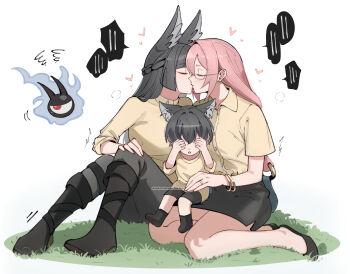 3girls animal_ear_fluff animal_ears artist_name black_boots black_hair black_skirt blush boots bracelet braid breasts closed_eyes collared_shirt commentary covering_own_eyes dailymiyanagi earrings english_commentary flats fox_ears grass heart highres hoshimi_miyabi jewelry kiss long_hair mother_and_child mother_and_daughter multiple_girls on_ground pants parent_and_child pencil_skirt pink_hair ring science_babies shirt short_hair short_sleeves simple_background sitting sitting_on_lap sitting_on_person skirt squiggle tail tailless_(zenless_zone_zero) tsukishiro_yanagi wedding_ring white_background wife_and_wife yellow_shirt yuri zenless_zone_zero