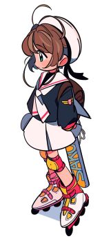 1girl antenna_hair backpack bag black_jacket brown_hair cardcaptor_sakura child chueog commentary full_body green_eyes hat highres jacket kinomoto_sakura looking_to_the_side roller_skates sailor_collar school_uniform simple_background skates skirt solo standing untranslatable_commentary tomoeda_elementary_school_uniform white_background white_hat white_sailor_collar white_skirt
