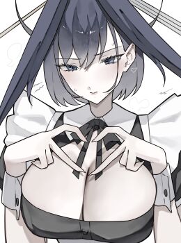 1girl absurdres alternate_costume apron black_dress blue_eyes blue_hair breasts chain chain_headband cleavage dress enmaided ewn four-finger_heart_hands frilled_apron frills hair_intakes halo heart heart_hands highres hololive hololive_english large_breasts long_hair looking_at_viewer maid maid_apron maid_headdress mechanical_halo ouro_kronii short_hair short_sleeves simple_background solo virtual_youtuber white_apron white_background wrist_cuffs