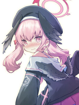 1girl 3: akayama_yukihe bare_shoulders beret black_hat black_shirt black_wings blue_archive blush closed_mouth commentary_request cowboy_shot embarrassed eyes_visible_through_hair feathered_wings from_behind hair_between_eyes halo hat head_wings highres koharu_(blue_archive) long_hair looking_at_viewer looking_back low_wings nose_blush pink_eyes pink_hair pink_halo pink_skirt sailor_collar school_uniform serafuku shirt simple_background skirt solo twintails white_background white_sailor_collar wings