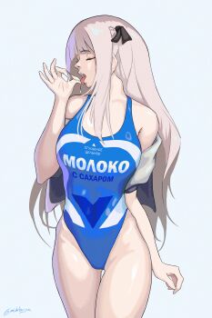 ak-12_(girls&#039;_frontline) braid breasts closed_eyes condensed_milk feet_out_of_frame girls&#039;_frontline grey_hair hair_ribbon half_up_braid highres nishibuya one-piece_swimsuit ribbon russian_text swimsuit