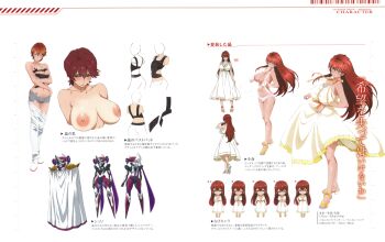 1girl absurdres blush breast_suppress breasts character_name character_profile clothes_on_and_off color_guide crossdressing crossdressing_(ftm) earrings epaulettes from_behind full_body green_eyes high_heels highres hiiragi_akira jewelry large_areolae large_breasts lips long_hair looking_at_viewer multiple_expressions multiple_views navel nipples notes official_art red_hair reference_sheet reverse_trap scan shoes short_hair simple_background smile standing stud_earrings topless_female turnaround valkyrie_drive valkyrie_drive_-mermaid- variations white_background