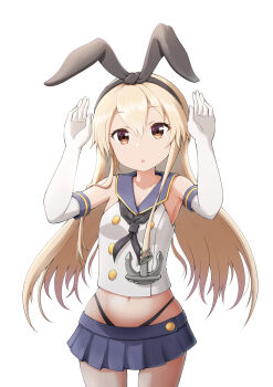 1girl anchor_hair_ornament animal_ear_hairband animal_ears black_hairband black_neckerchief black_panties blonde_hair blue_sailor_collar blue_skirt brown_eyes commentary cowboy_shot crop_top cropped_shirt double-parted_bangs elbow_gloves fake_animal_ears gloves hair_between_eyes hair_ornament hairband highleg highleg_panties highres jiwon_(sj1) kantai_collection long_hair long_sidelocks looking_at_viewer microskirt neckerchief open_mouth panties pleated_skirt rabbit_ear_hairband rabbit_ears rabbit_pose sailor_collar shimakaze_(kancolle) shirt sidelocks simple_background skindentation skirt sleeveless sleeveless_shirt solo standing underwear very_long_hair white_background white_gloves white_shirt