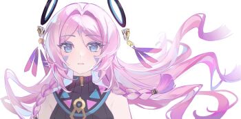 1girl absurdres akagi_(akagi1924) blue_eyes braid citlali_(genshin_impact) commentary_request facial_tattoo floating_hair genshin_impact hair_between_eyes hair_ornament highres long_hair looking_at_viewer pink_hair ring_hair_ornament shirt simple_background sleeveless sleeveless_shirt solo tattoo twin_braids very_long_hair white_background