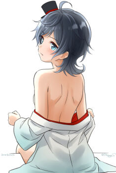 1girl ahoge bare_back bare_shoulders black_hair breasts from_behind green_eyes hat japanese_clothes kantai_collection kimono kimono_partially_removed looking_at_viewer looking_back matsukaze_(kancolle) mini_hat mini_top_hat one-hour_drawing_challenge ray.s short_hair simple_background sitting small_breasts solo top_hat white_background white_kimono