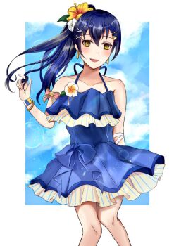 1girl alternate_hairstyle arm_bow arm_ribbon artist_name artist_request bare_legs bare_shoulders blue_bow blue_dress blue_hair blue_skirt blush bow bracelet breasts brown_eyes collarbone curly_hair dress earrings female_focus floating_hair flower hair_between_eyes hair_flower hair_ornament hanawaamu high_ponytail jewelry long_hair looking_at_viewer love_live! love_live!_school_idol_festival love_live!_school_idol_project miniskirt parted_lips pearl_bracelet pearl_hair_ornament pink_bow plaid_clothes plaid_dress plaid_skirt playing_with_own_hair pleated pleated_dress pleated_skirt ponytail ribbon skirt sleeveless sleeveless_dress smile solo sonoda_umi star_(symbol) star_hair_ornament striped_clothes striped_dress striped_skirt wavy_hair white_flower white_ribbon x_hair_ornament yellow_eyes yellow_flower