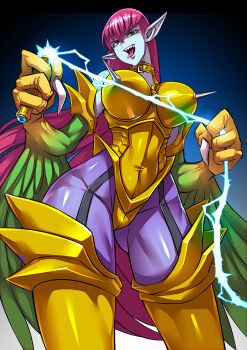 1girl absurdres alternate_color alternate_skin_color bare_shoulders black_boots blue_background bodysuit boots breastless_clothes breasts claws collar colored_skin contrapposto covered_navel cyber_harpie_lady dominatrix duel_monster electric_whip electricity feathered_wings female_focus fewer_digits from_below gluteal_fold green_eyes grey_skin hair_between_eyes harpie_lady harpy highres holding holding_whip large_breasts long_hair looking_at_viewer monster_girl pink_hair ryuusei_(mark_ii) sharp_claws short_hair solo spiked_collar spikes standing straight_hair strap_gap talons thick_thighs thigh_boots thighhighs thighs tongue tongue_out very_long_hair whip winged_arms wings yu-gi-oh! yu-gi-oh!_duel_monsters
