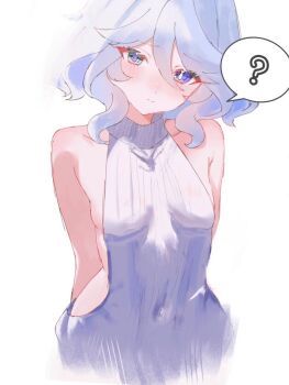 Rule 34 | 1girl, ?, backless dress, backless outfit, bare shoulders, blue eyes, blue hair, blush, breasts, collarbone, commentary request, dress, furina (genshin impact), genshin impact, grey sweater, hair between eyes, head tilt, looking at viewer, multicolored hair, naked sweater, oisimatya, ribbed sweater, sideboob, simple background, sleeveless, sleeveless sweater, sleeveless turtleneck, solo, speech bubble, spoken question mark, streaked hair, sweater, sweater dress, turtleneck, turtleneck sweater, virgin killer sweater, white background, white hair