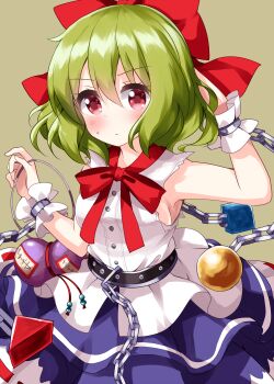 Rule 34 | 1girl, arm up, armpits, bare shoulders, belt, black belt, blush, bottle, bow, bowtie, breasts, brown background, chain, closed mouth, collar, collared shirt, commentary request, cosplay, green hair, hair between eyes, hand in own hair, hands up, highres, ibuki suika, ibuki suika (cosplay), kazami yuuka, looking at viewer, medium breasts, one-hour drawing challenge, purple skirt, red bow, red bowtie, red eyes, ruu (tksymkw), shirt, short hair, simple background, skirt, sleeveless, sleeveless shirt, solo, touhou, white shirt, wrist cuffs, wristband