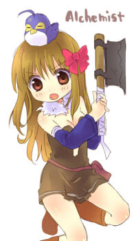 1girl alchemist_(ragnarok_online) animal animal_on_head axe bird bird_on_head blue_bird blue_sleeves blush boots bow breasts brown_boots brown_dress brown_eyes brown_hair cleavage commentary_request detached_sleeves dress english_text filir_(ragnarok_online) full_body fur_collar hair_bow haruno_ichigo holding holding_axe long_hair looking_at_viewer on_head open_mouth ragnarok_online red_bow simple_background small_breasts solo strapless strapless_dress v-shaped_eyebrows white_background