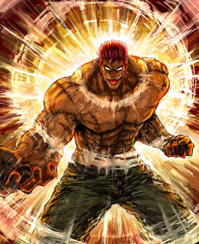 Rule 34 | 1boy, absurdres, cheek injury, clenched hand, commentary request, facing viewer, gumorugensui, hair slicked back, highres, muscular, muscular male, no pupils, open mouth, partial commentary, red hair, sash, scar, scar on arm, scar on chest, scar on shoulder, short hair, shouting, solo, sound wave, teeth, tongue, topless male, toriko (series), white eyes, white sash, zebra (toriko)