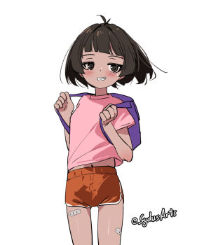 1girl adjusting_strap artist_name backpack bag bandaid bandaid_on_leg bandaid_on_thigh bare_arms black_eyes black_hair blunt_bangs blush bob_cut breasts commentary cowboy_shot cowlick dark-skinned_female dark_skin dolphin_shorts dora_marquez dora_the_explorer english_commentary grin hands_up holding_strap jitome looking_at_viewer loose_hair_strand midriff_peek navel orange_shorts parted_lips pink_shirt purple_bag revision shirt short_hair short_shorts short_sleeves shorts simple_background small_breasts smile smug solo standing sydus t-shirt textless_version thigh_gap twitter_username white_background wind