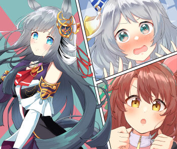 3girls absurdres animal_ears blue_eyes blunt_bangs blush breasts brown_hair chrono_genesis_(umamusume) closed_mouth commentary_request dantsu_flame_(umamusume) detached_sleeves grey_hair hair_between_eyes hair_ornament highres hishi_miracle_(umamusume) horse_girl kichi_tik long_hair looking_at_viewer multiple_girls simple_background small_breasts umamusume