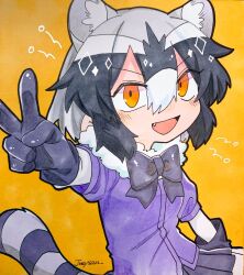 Rule 34 | 1girl, :d, animal ears, bad id, bad twitter id, black gloves, black hair, black skirt, commentary request, common raccoon (kemono friends), fang, fur collar, gloves, grey hair, hair between eyes, hand up, highres, inactive account, jmeysan, kemono friends, looking at viewer, multicolored hair, open mouth, pleated skirt, purple shirt, raccoon ears, raccoon tail, shirt, short hair, short sleeves, sitting, skirt, smile, solo, tail, traditional media, twitter username, v, white hair, yellow background, yellow eyes