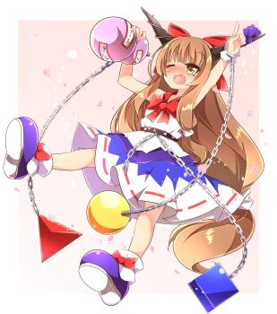 1girl absurdres arm_up bare_shoulders blue_skirt blush bow bowtie brown_eyes brown_hair chain circle combat2000_(kuroneko) drunk falling_petals full_body gourd gradient_background highres holding holding_gourd horns ibuki_suika index_finger_raised long_hair one_eye_closed open_mouth petals pink_background pink_petals purple_shoes red_bow red_bowtie shirt shoes skirt sleeveless sleeveless_shirt smile solo square teeth touhou triangle two-tone_skirt upper_teeth_only very_long_hair white_shirt white_skirt wrist_cuffs