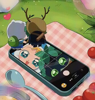 1990s_(style) 1boy 1girl adventure_time aged_down antlers blonde_hair brenni_murasaki colored_skin finn_the_human green_hair green_skin hat highres hood horns huntress_wizard jake_the_dog plant_hair retro_artstyle shirt smile