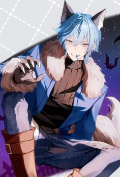 1boy absurdres alternate_costume animal_ears bat_(animal) biting black_shirt blue_eyes blue_jacket boots brown_boots claw_pose commentary fingernails fur-trimmed_jacket fur_trim hair_between_eyes hashtag-only_commentary highres jacket knee_up lapis_(meteorites) long_sleeves male_focus meteorites_(stpr) sharp_fingernails shirt short_hair sitting smile solo symbol-only_commentary tail white_nails ymayma_da