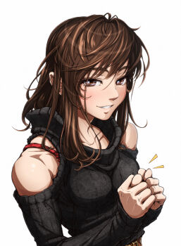 1boy artist_self-insert bare_shoulders blush bra bra_strap breast_padding brown_eyes brown_hair clenched_hands collarbone commentary crossdressing crossdressing_(mtf) detached_sleeves eyebrows fig_sign grin highres imizu_(nitro_unknown) imizu_(nitro_unknown)_(character) long_hair long_sleeves looking_at_viewer male_focus naughty_face original own_hands_together parted_lips penetration_gesture red_bra revision ribbed_sweater simple_background smile solo sweater swept_bangs trap turtleneck underwear upper_body white_background