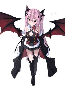 Rule 34 | 1girl, absurdres, bare shoulders, bat wings, black boots, black dress, black ribbon, blush, boots, bow, breasts, closed mouth, commentary, detached sleeves, dress, frilled dress, frills, full body, hair between eyes, hair ornament, haoli mei an, highres, krul tepes, long hair, miniskirt, neck ribbon, owari no seraph, pink hair, red bow, red eyes, red wings, ribbon, simple background, sketch, skirt, sleeves past fingers, sleeves past wrists, small breasts, solo, standing, thigh boots, twintails, two side up, untranslatable commentary, vampire, very long hair, white background, wings