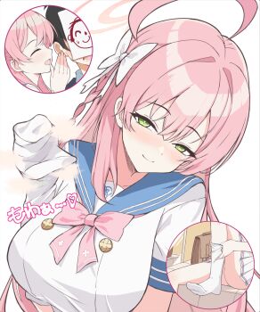 1boy 1girl :d ^_^ ahoge blue_archive blue_sailor_collar bow bowtie braid breasts bright_pupils buttons closed_eyes closed_mouth commentary_request doodle_sensei_(blue_archive) double-breasted dutch_angle green_eyes hair_between_eyes hair_bow halo hanako_(blue_archive) heart highres holy-san_(makuu) huge_ahoge kneehighs large_breasts long_hair looking_at_viewer multiple_views no_shoes open_mouth paper_on_head pink_bow pink_bowtie pink_hair pink_halo sailor_collar school_uniform seductive_smile sensei_(blue_archive) serafuku shirt short_sleeves sidelocks simple_background single_braid slit_pupils smile sock_pull socks solo_focus thighs translation_request tsurime upper_body very_long_hair whispering white_background white_bow white_pupils white_shirt white_socks