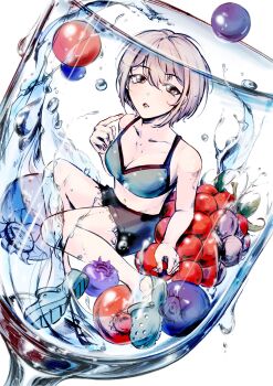 1girl aoba_moca bang_dream! bangjinjin82 black_shorts blueberry breasts cleavage collarbone commentary cup food fruit green_eyes green_sports_bra grey_hair highres in_container in_cup medium_breasts midriff mini_person navel open_mouth short_hair shorts solo sports_bra symbol-only_commentary water