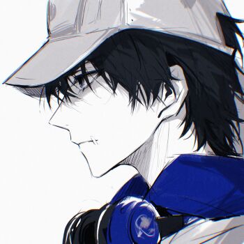 1boy baseball_cap black_hair blue_eyes blue_hoodie chinese_text closed_mouth eyelashes from_side hair_between_eyes hat headphones headphones_around_neck highres hood hood_down hoodie identity_v jacket limited_palette looking_to_the_side male_focus naib_subedar naib_subedar_(oph.naib) nidexintu portrait profile purple_eyes shirt short_hair simple_background solo white_background white_hat