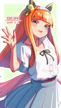 1girl animal_ears aqua_skirt blue_eyes blunt_bangs blush bow casual collarbone commentary_request creape ear_bow ear_covers green_ribbon hairband highres hime_cut horse_ears horse_girl horse_tail long_hair looking_at_viewer open_mouth orange_hair orange_tail parted_lips pleated_skirt ribbon shirt short_sleeves silence_suzuka_(casual)_(umamusume) silence_suzuka_(umamusume) skirt smile solo tail umamusume white_hairband white_shirt