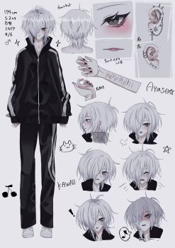 Rule 34 | 1other, aegyo sal, ambiguous gender, black eyes, black jacket, earrings, facing viewer, full body, hair over one eye, highres, jacket, jewelry, looking at viewer, multiple earrings, multiple views, original, other focus, reno (re leno), self-harm, short hair, solo, standing, striped clothes, striped jacket, translation request, white hair, wrist cutting