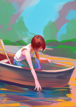 1girl artist_name blue_skirt boat brown_hair canoe closed_mouth highres oar on_boat original outdoors rurikon shirt skirt sleeveless sleeveless_shirt solo water watercraft white_shirt