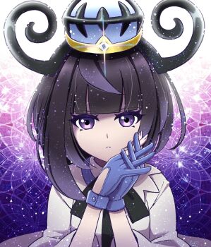 1girl black_dress black_hair blunt_bangs bob_cut closed_mouth coat cokata commentary_request dress eyelashes gloves gradient_hair gwynn_(pokemon) hat highres looking_at_viewer mega_stone multicolored_hair nintendo open_clothes open_coat own_hands_together partially_fingerless_gloves pokemon pokemon_legends:_z-a purple_eyes purple_hair short_hair solo upper_body white_coat