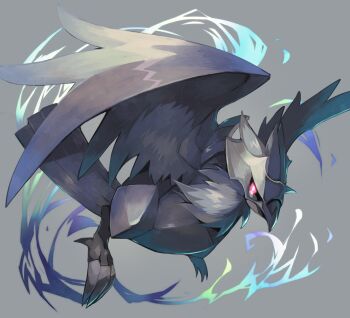 bird black_sclera claws colored_sclera commentary corviknight crow flying full_body gen_8_pokemon grey_background looking_at_viewer nintendo pokemon pokemon_(creature) pokemon_swsh red_eyes sasa_onigiri scowl sharp_claws simple_background solo wings
