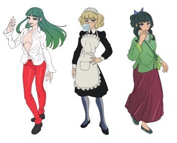 3girls apron black_shoes blonde_hair bow breasts chewing_gum chinese_clothes closed_mouth darkstalkers full_body gaze_reh green_hair hair_bow hair_tie hand_on_own_hip hashtag-only_commentary highres irene_sanders kusuriya_no_hitorigoto long_hair long_sleeves makeup maomao_(kusuriya_no_hitorigoto) morrigan_aensland multiple_girls open_mouth pants red_pants shirt shoes short_hair simple_background standing suna_no_bara teeth unbuttoned unbuttoned_shirt upper_teeth_only white_apron white_background white_shirt
