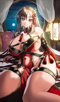 1girl absurdres bare_shoulders blush breasts brown_eyes brown_hair china_dress chinese_clothes cleavage commentary_request covered_navel dress earrings elbow_gloves fate/grand_order fate_(series) full_moon gloves gold_trim grin hair_ornament hair_spread_out highres jewelry large_breasts long_hair looking_at_viewer moon night pelvic_curtain red_dress red_gloves shibao_aoyama side_slit sitting smile solo tassel thick_thighs thigh_strap thighs very_long_hair yu_mei-ren_(fate)