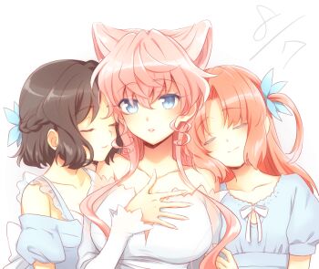 1girl 3girls blue_eyes blush breasts dress hair_between_eyes hair_ornament kohinata_miku lanlanlap large_breasts long_hair looking_at_viewer maria_cadenzavna_eve multiple_girls pink_hair red_hair senki_zesshou_symphogear serena_cadenzavna_eve simple_background very_long_hair white_background