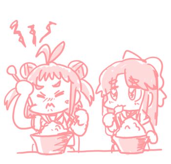 Rule 34 | 3:, :3, antenna hair, brain freeze, double bun, ferret-san, food, hair bun, half updo, jintsuu (kancolle), kantai collection, lowres, monochrome, naka (kancolle), red theme, sailor collar, sailor shirt, school uniform, serafuku, shaved ice, shirt, short hair, spoon, upper body