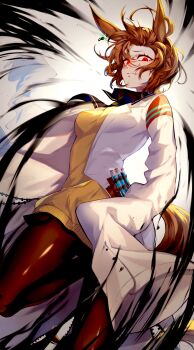 Rule 34 | 1girl, agnes tachyon (tach-nology) (umamusume), agnes tachyon (umamusume), animal ears, brown hair, coat, highres, horse ears, horse girl, horse tail, lab coat, looking at viewer, rannrarara, red eyes, short hair, smile, solo, sweater, tail, test tube, umamusume, very long sleeves, white coat, yellow sweater