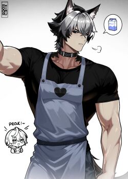 1boy abs animal_ears black_collar black_hair black_sclera black_shirt blue_eyes collar colored_sclera dog_boy dog_ears earrings grey_hair grey_overalls highres jewelry komano_manato komano_manato_(white_heart_silhouette) male_focus moonimu_art muscular muscular_male overalls shirt solo wise_(zenless_zone_zero) zenless_zone_zero