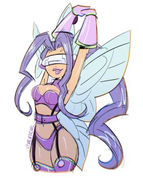 arms_up bikini breasts digimon digimon_(creature) fairimon fairy fairy_wings gloves highres large_breasts lipstick long_hair makeup meatgiri purple_bikini purple_gloves purple_hair purple_lips sidelocks signature simple_background swimsuit thick_thighs thighs white_background wings