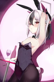 1girl absurdres animal_ear_hairband animal_ears armpits bandaid bandaids_on_nipples black_bow black_bowtie black_hair black_horns black_leotard black_pantyhose blue_archive bow bowtie cowboy_shot demon_horns detached_collar fake_animal_ears flat_chest grey_halo hair_between_eyes hairband halo highres horns kayoko_(blue_archive) leotard long_hair looking_at_viewer multicolored_hair nami_ne0227 pantyhose pasties playboy_bunny rabbit_ears rabbit_tail red_eyes solo strapless strapless_leotard tail two-tone_hair white_hair wrist_cuffs